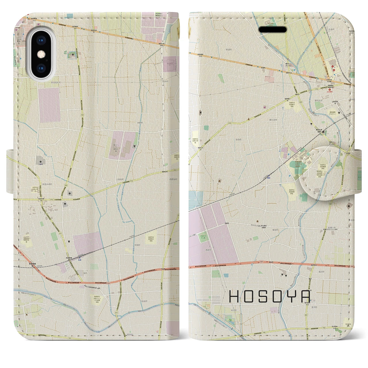【細谷(群馬県)】地図柄iPhoneケース(手帳タイプ)ナチュラル・iPhone XS Max 用
