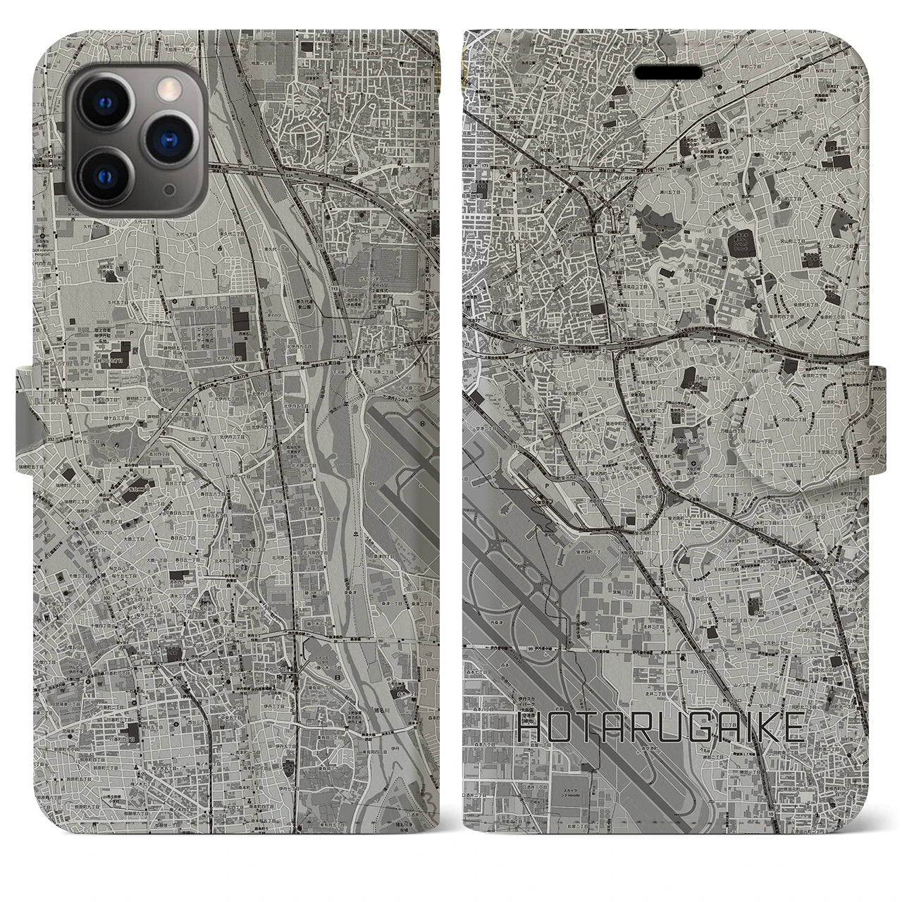 【蛍池(大阪府)】地図柄iPhoneケース(手帳タイプ)モノトーン・iPhone 11 Pro Max 用