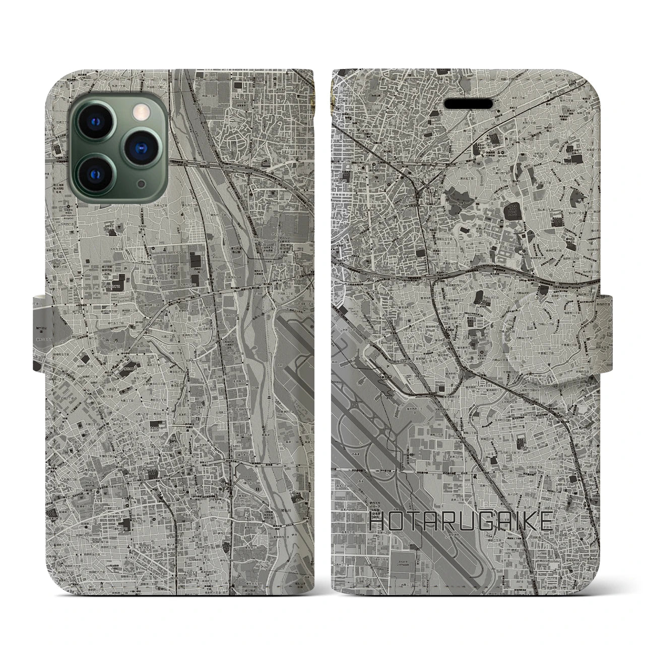 【蛍池(大阪府)】地図柄iPhoneケース(手帳タイプ)モノトーン・iPhone 11 Pro 用