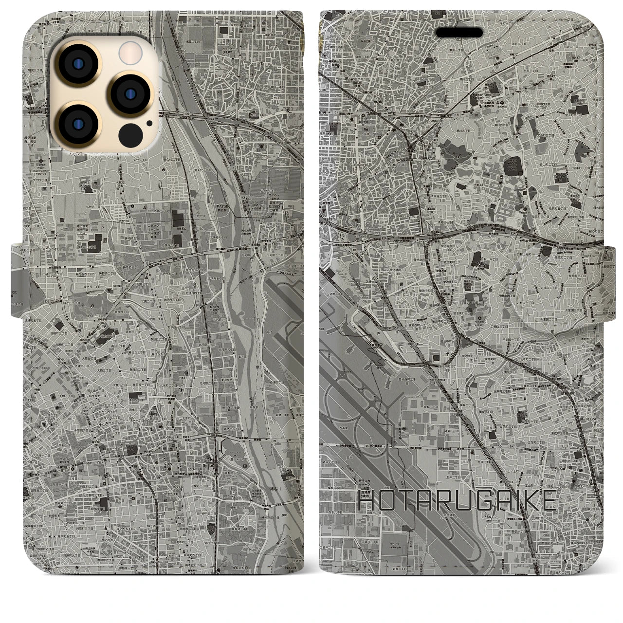 【蛍池(大阪府)】地図柄iPhoneケース(手帳タイプ)モノトーン・iPhone 12 Pro Max 用
