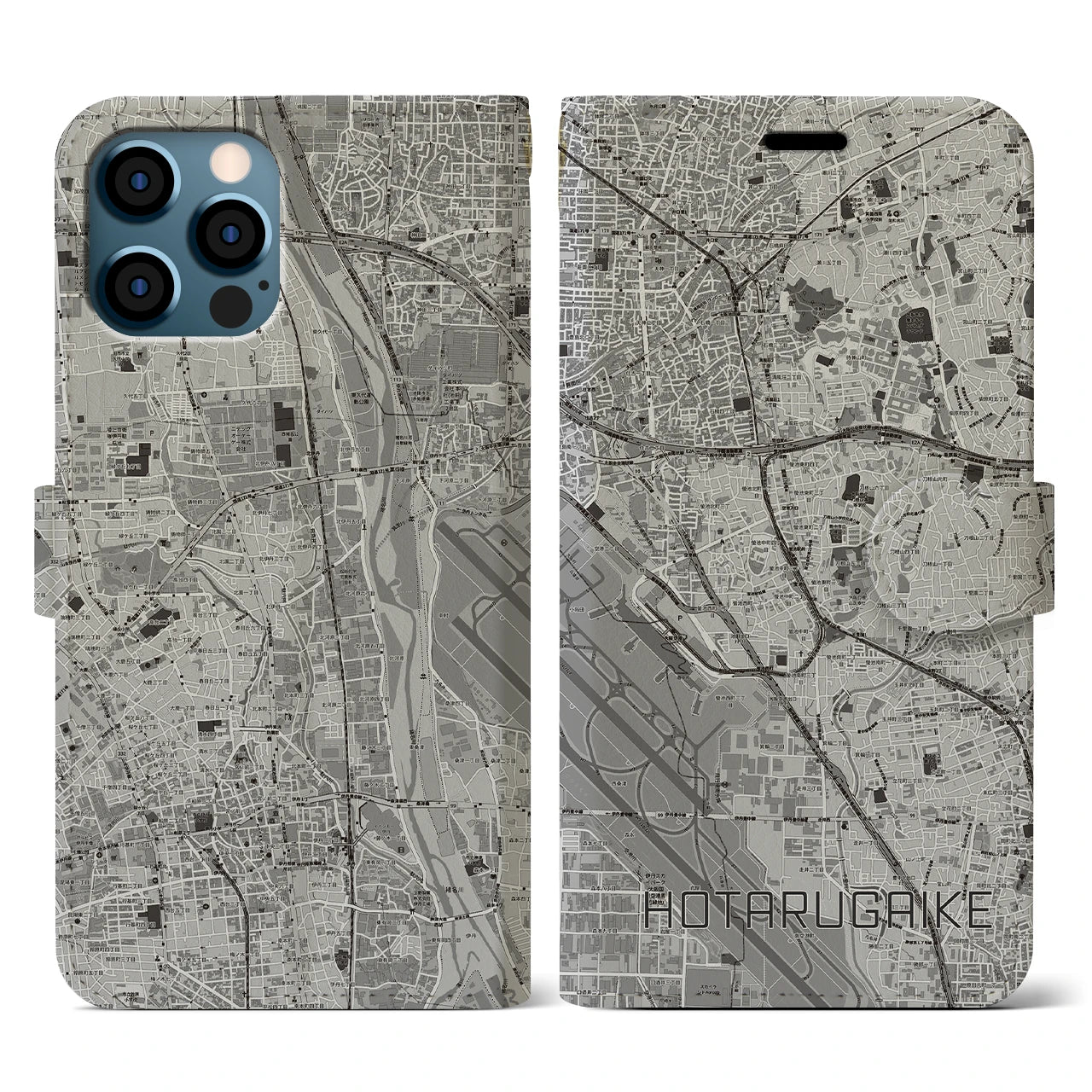【蛍池(大阪府)】地図柄iPhoneケース(手帳タイプ)モノトーン・iPhone 12 / 12 Pro 用