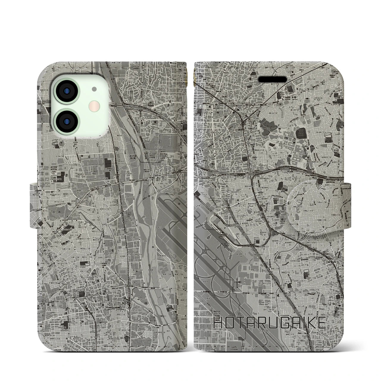 【蛍池(大阪府)】地図柄iPhoneケース(手帳タイプ)モノトーン・iPhone 12 mini 用