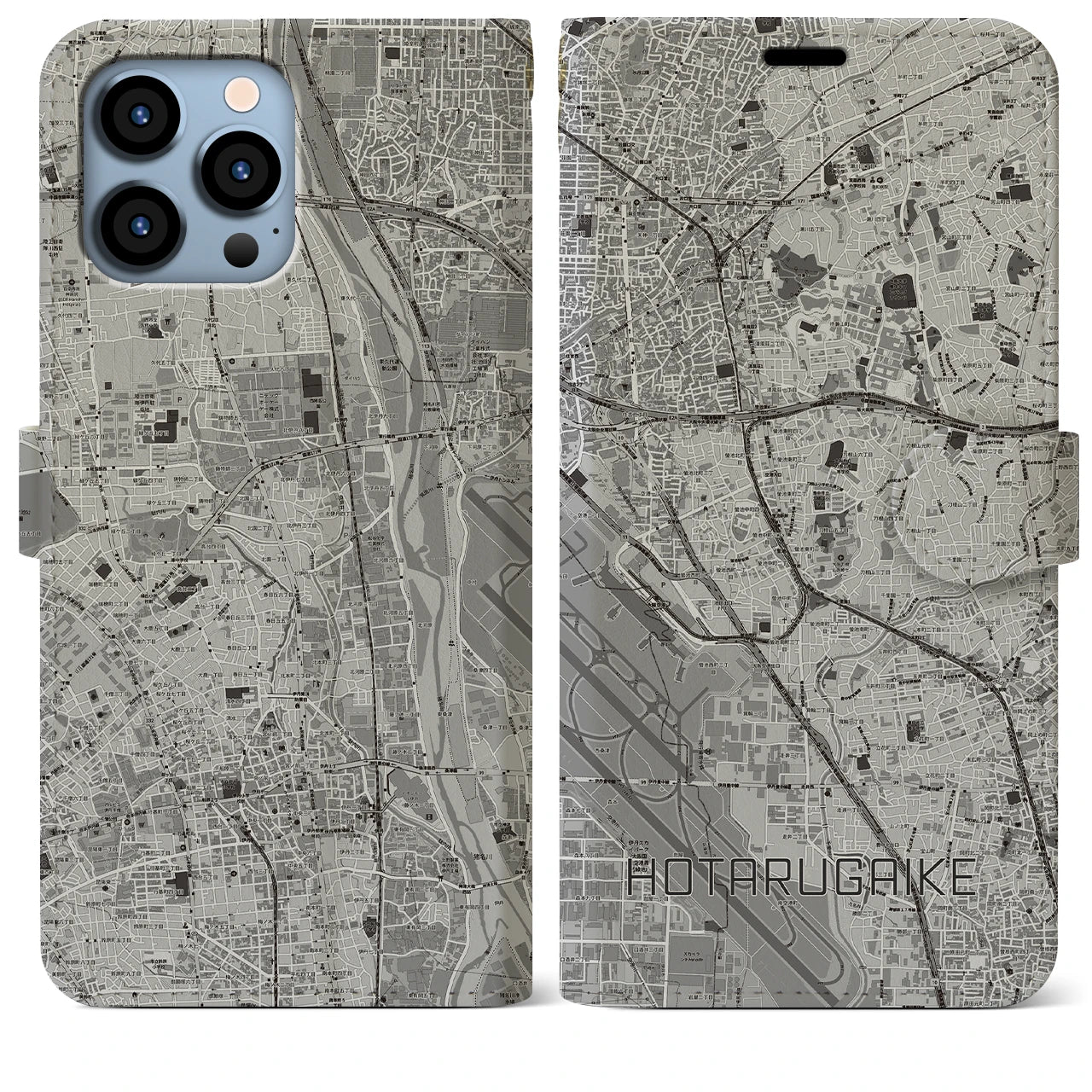 【蛍池(大阪府)】地図柄iPhoneケース(手帳タイプ)モノトーン・iPhone 13 Pro Max 用