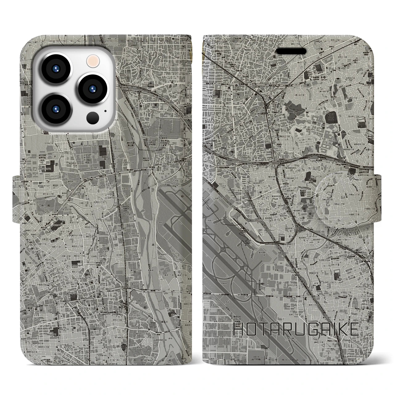 【蛍池(大阪府)】地図柄iPhoneケース(手帳タイプ)モノトーン・iPhone 13 Pro 用