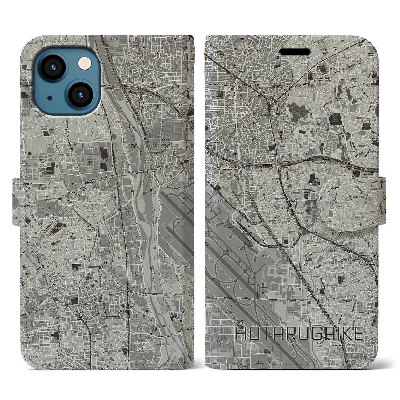 【蛍池(大阪府)】地図柄iPhoneケース(手帳タイプ)モノトーン・iPhone 13 用