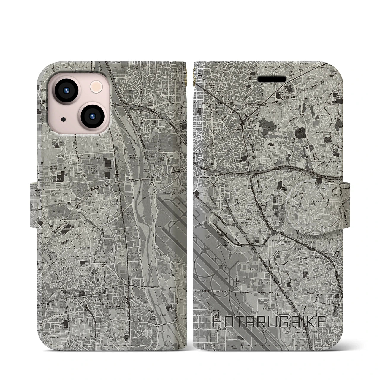 【蛍池(大阪府)】地図柄iPhoneケース(手帳タイプ)モノトーン・iPhone 13 mini 用