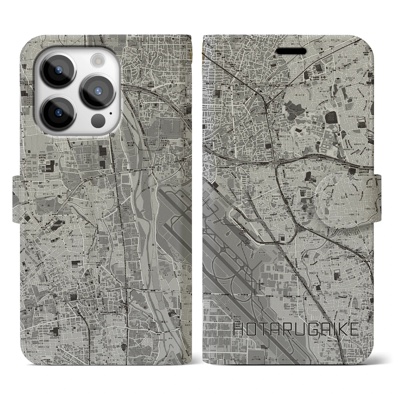 【蛍池(大阪府)】地図柄iPhoneケース(手帳タイプ)モノトーン・iPhone 14 Pro 用