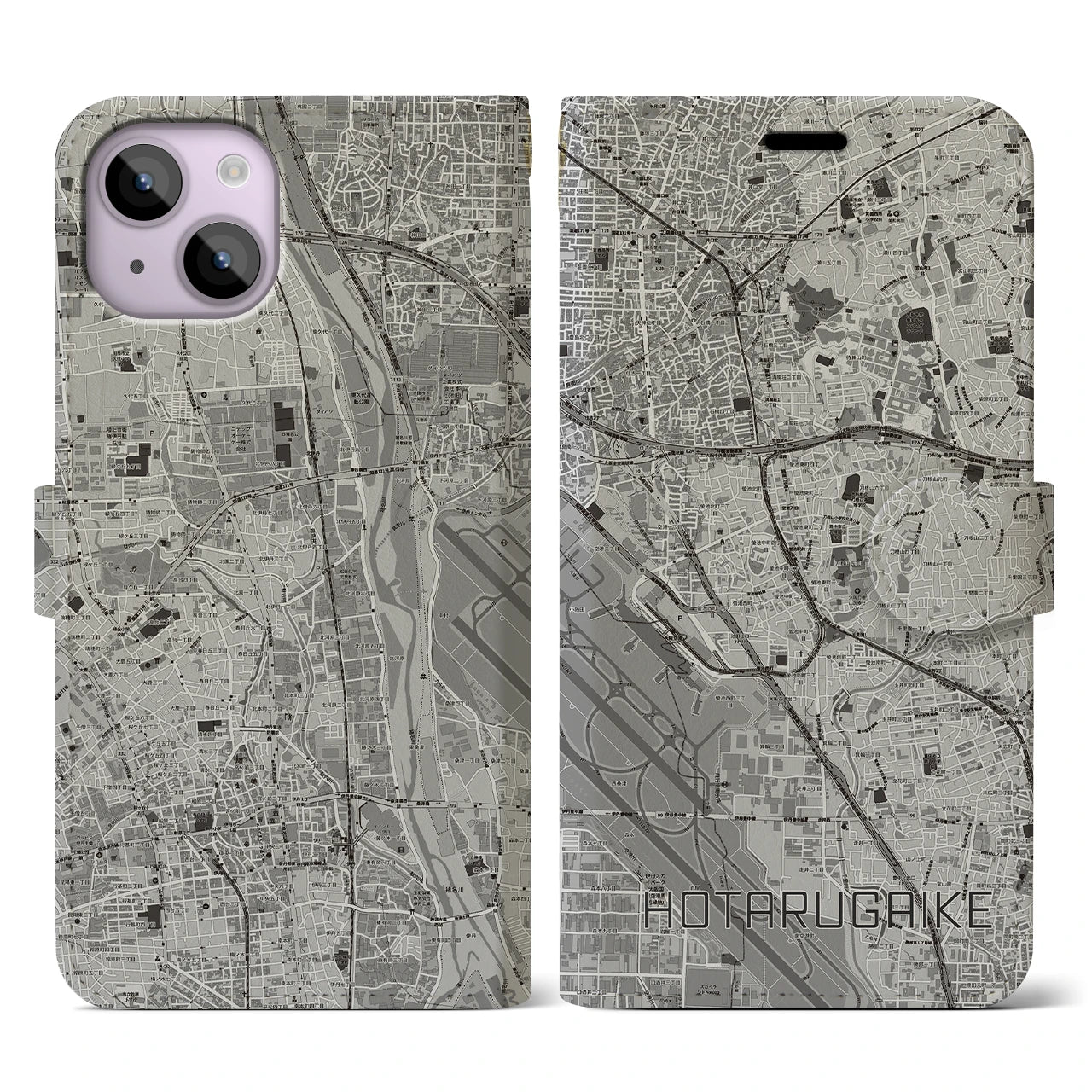 【蛍池(大阪府)】地図柄iPhoneケース(手帳タイプ)モノトーン・iPhone 14 用