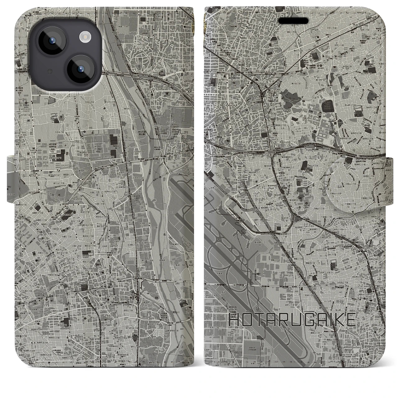 【蛍池(大阪府)】地図柄iPhoneケース(手帳タイプ)モノトーン・iPhone 14 Plus 用
