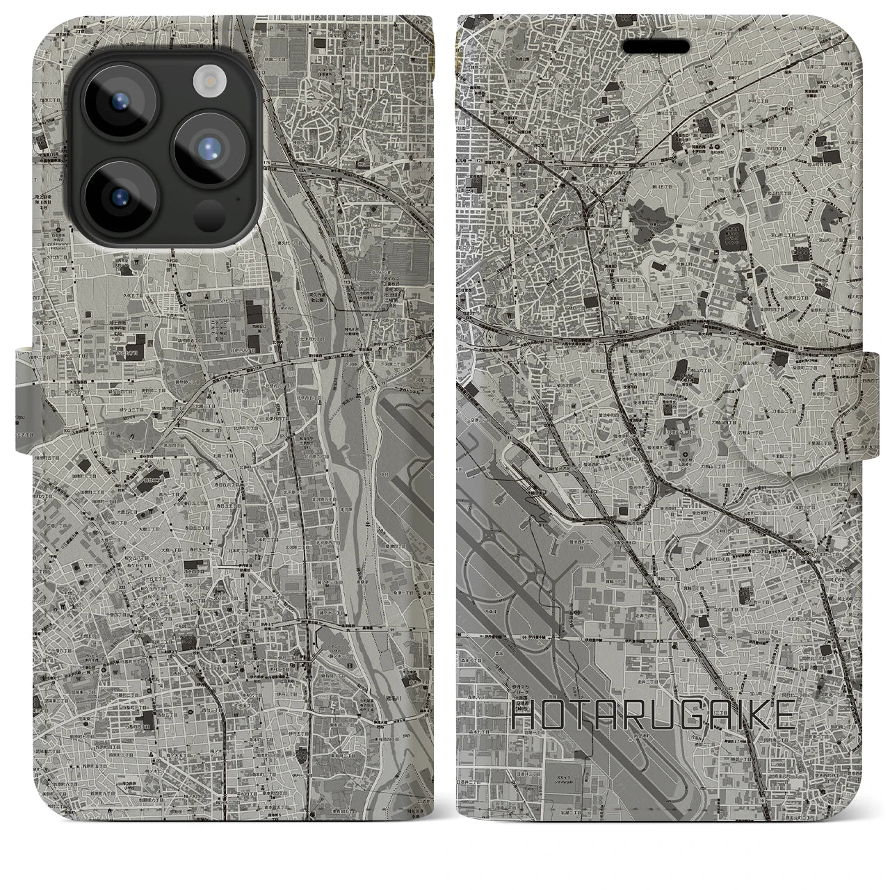 【蛍池(大阪府)】地図柄iPhoneケース(手帳タイプ)モノトーン・iPhone 15 Pro Max 用