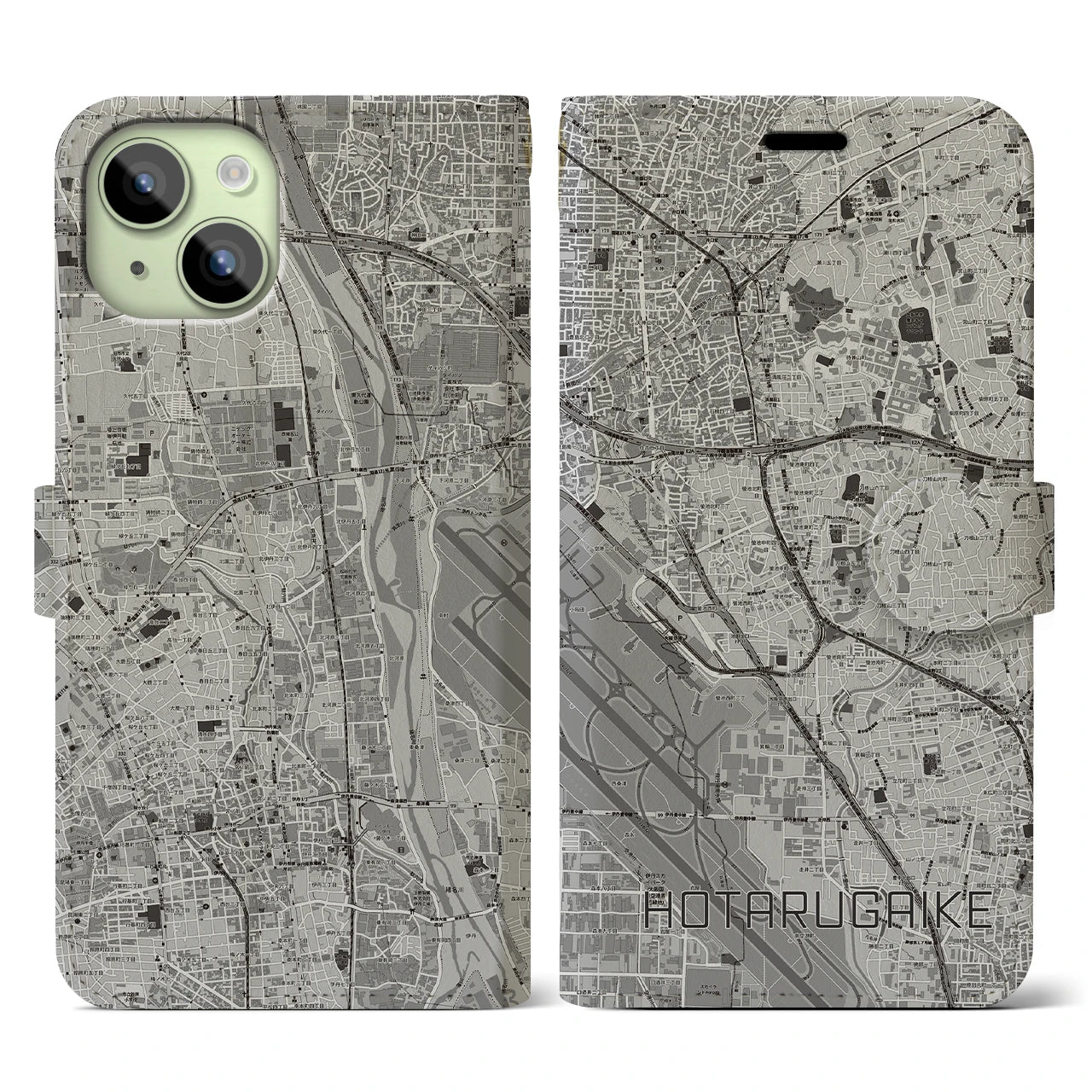【蛍池(大阪府)】地図柄iPhoneケース(手帳タイプ)モノトーン・iPhone 15 用