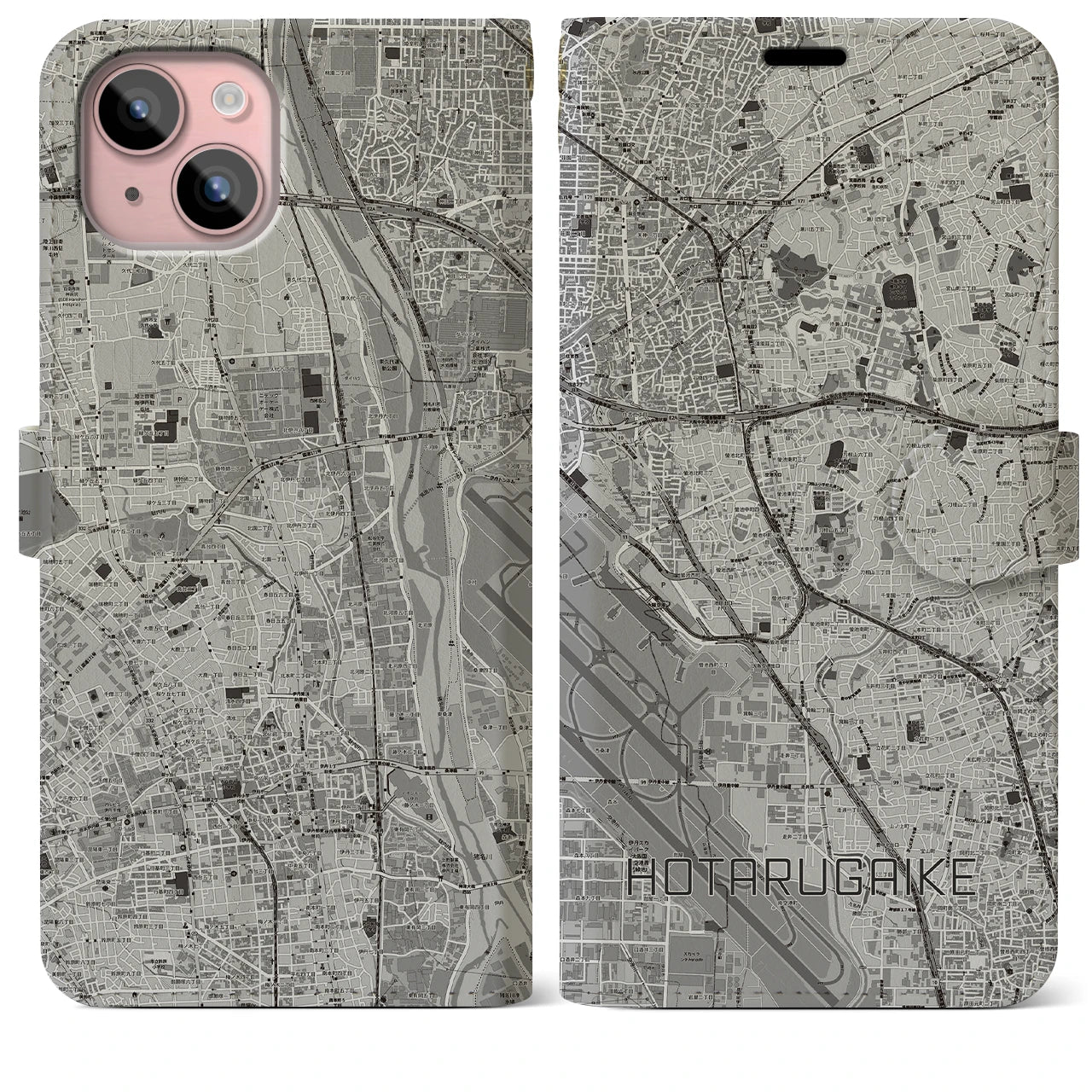 【蛍池(大阪府)】地図柄iPhoneケース(手帳タイプ)モノトーン・iPhone 15 Plus 用