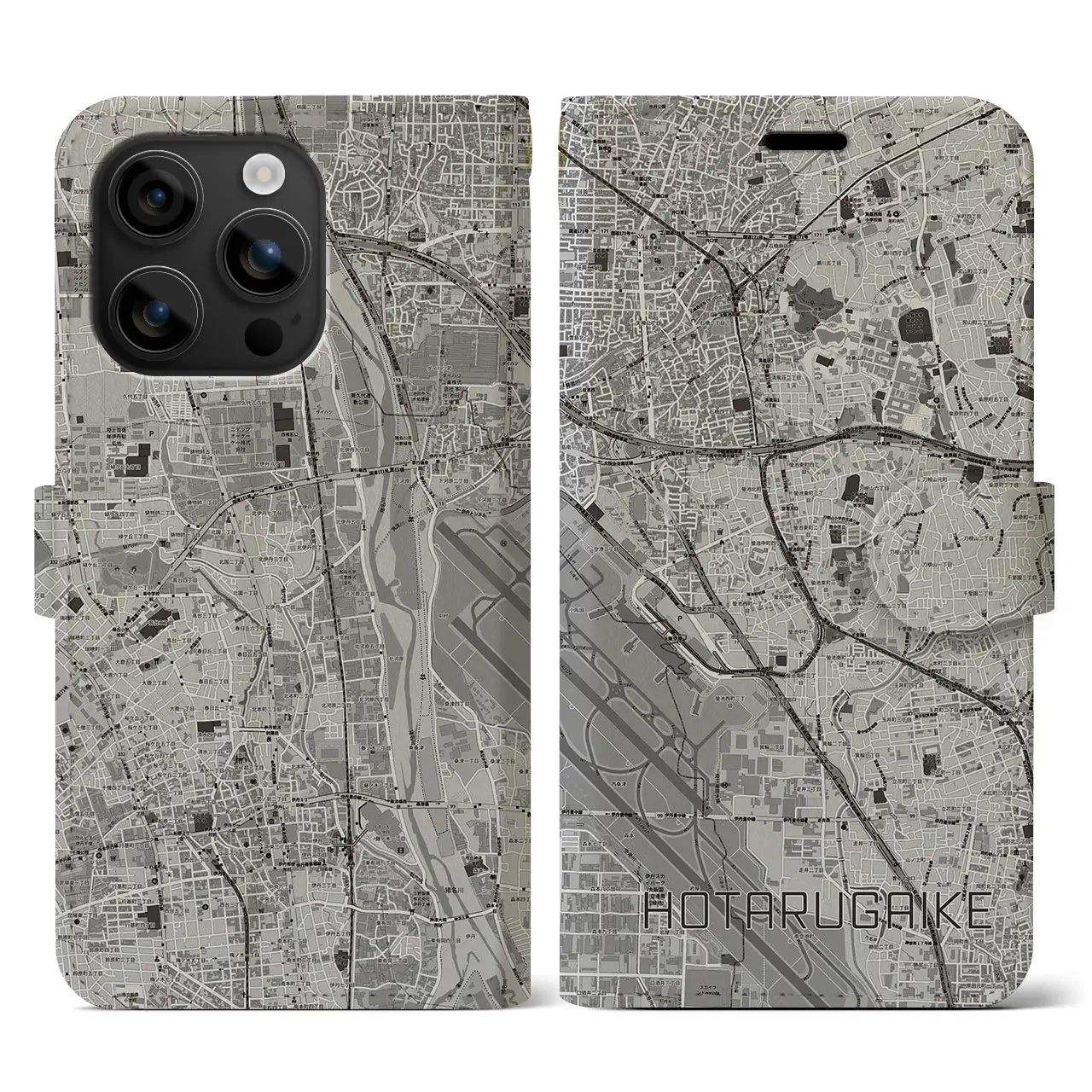 【蛍池(大阪府)】地図柄iPhoneケース(手帳タイプ)モノトーン・iPhone 16 用