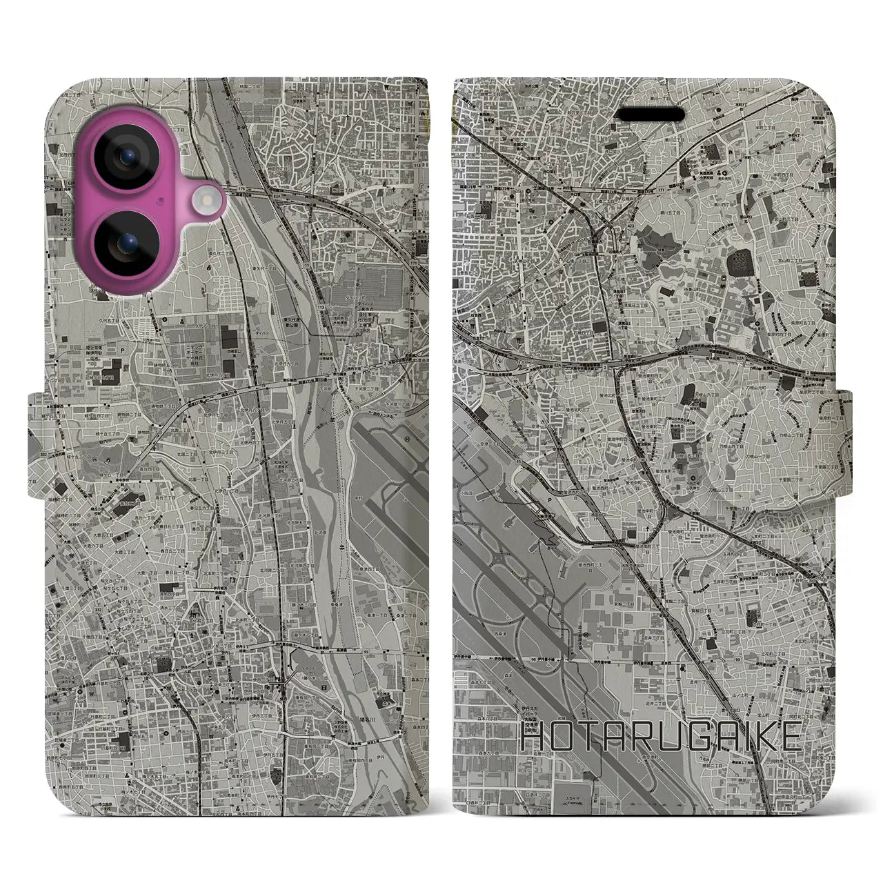 【蛍池(大阪府)】地図柄iPhoneケース(手帳タイプ)モノトーン・iPhone 16 Pro 用