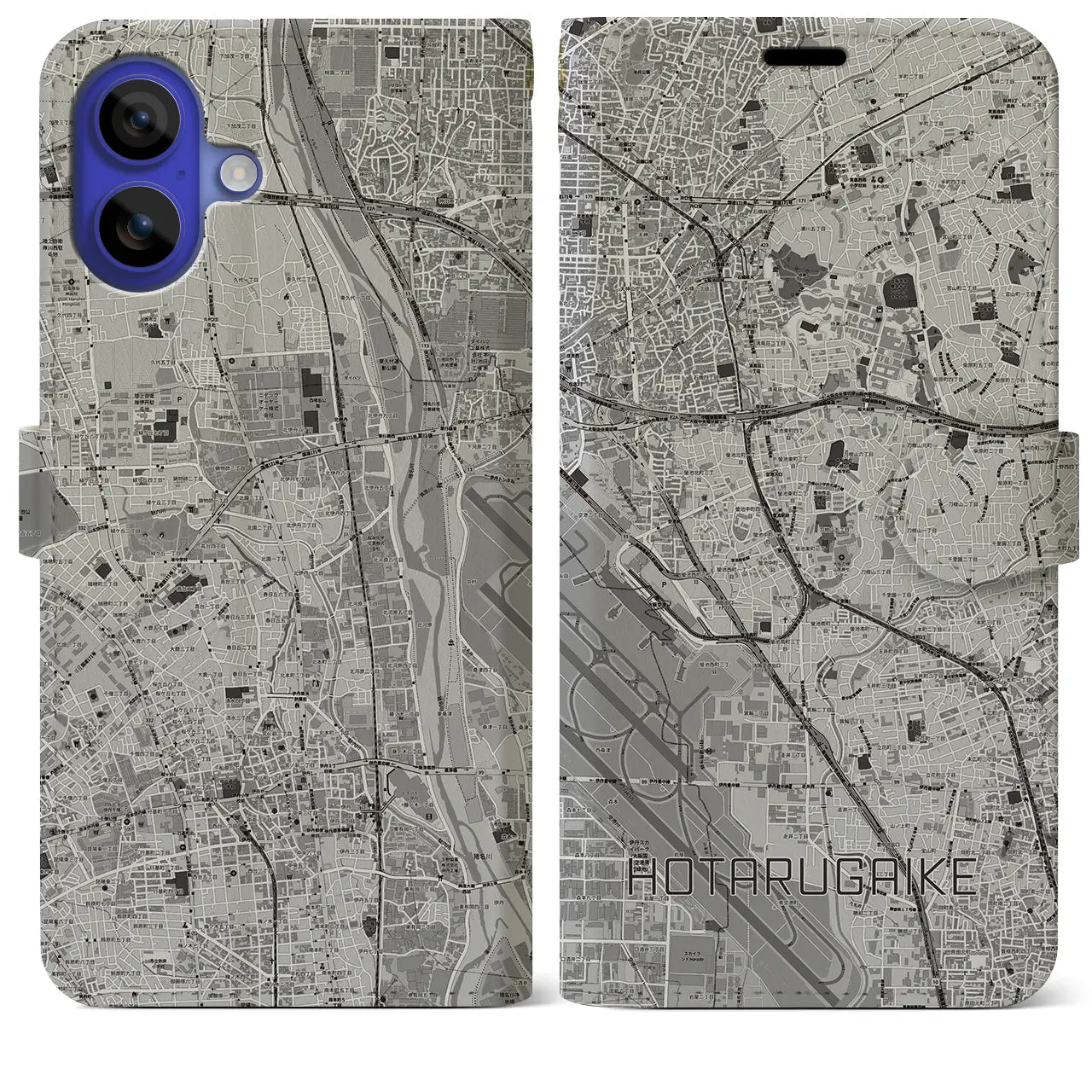 【蛍池(大阪府)】地図柄iPhoneケース(手帳タイプ)モノトーン・iPhone 16 Pro Max 用