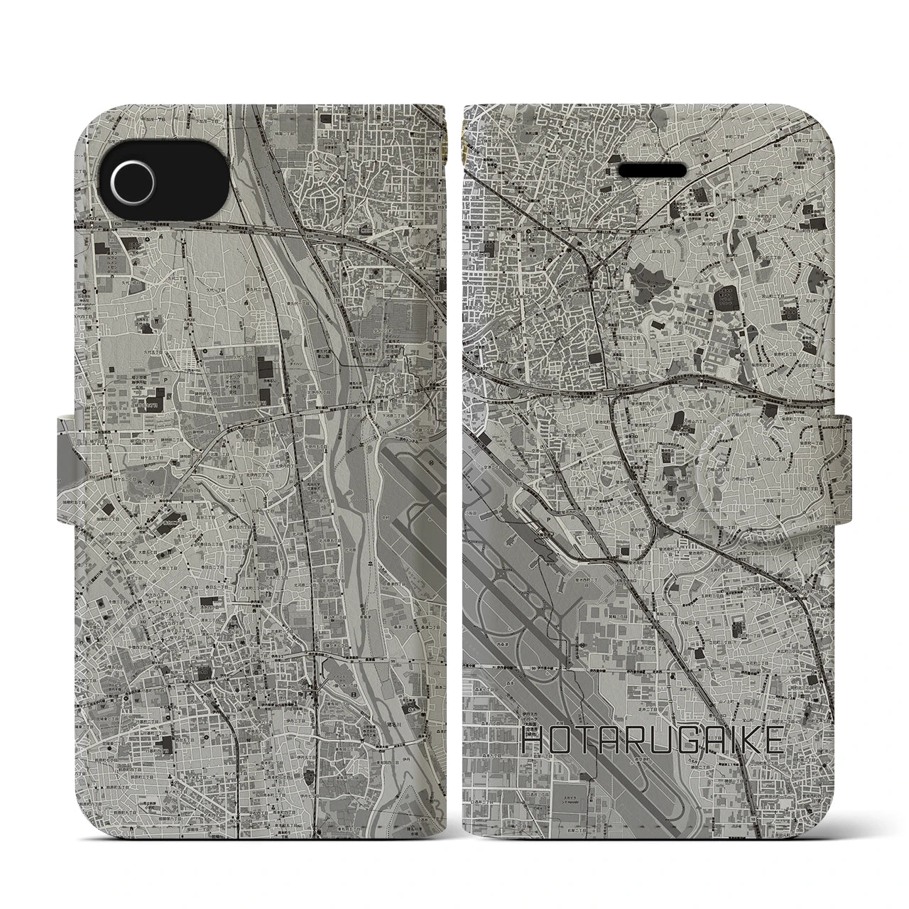 【蛍池(大阪府)】地図柄iPhoneケース(手帳タイプ)モノトーン・iPhone SE(第3 / 第2世代) / 8 / 7 / 6s / 6 用