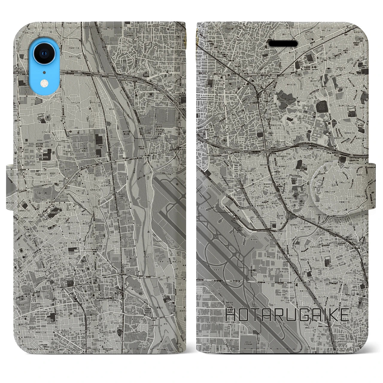 【蛍池(大阪府)】地図柄iPhoneケース(手帳タイプ)モノトーン・iPhone XR 用