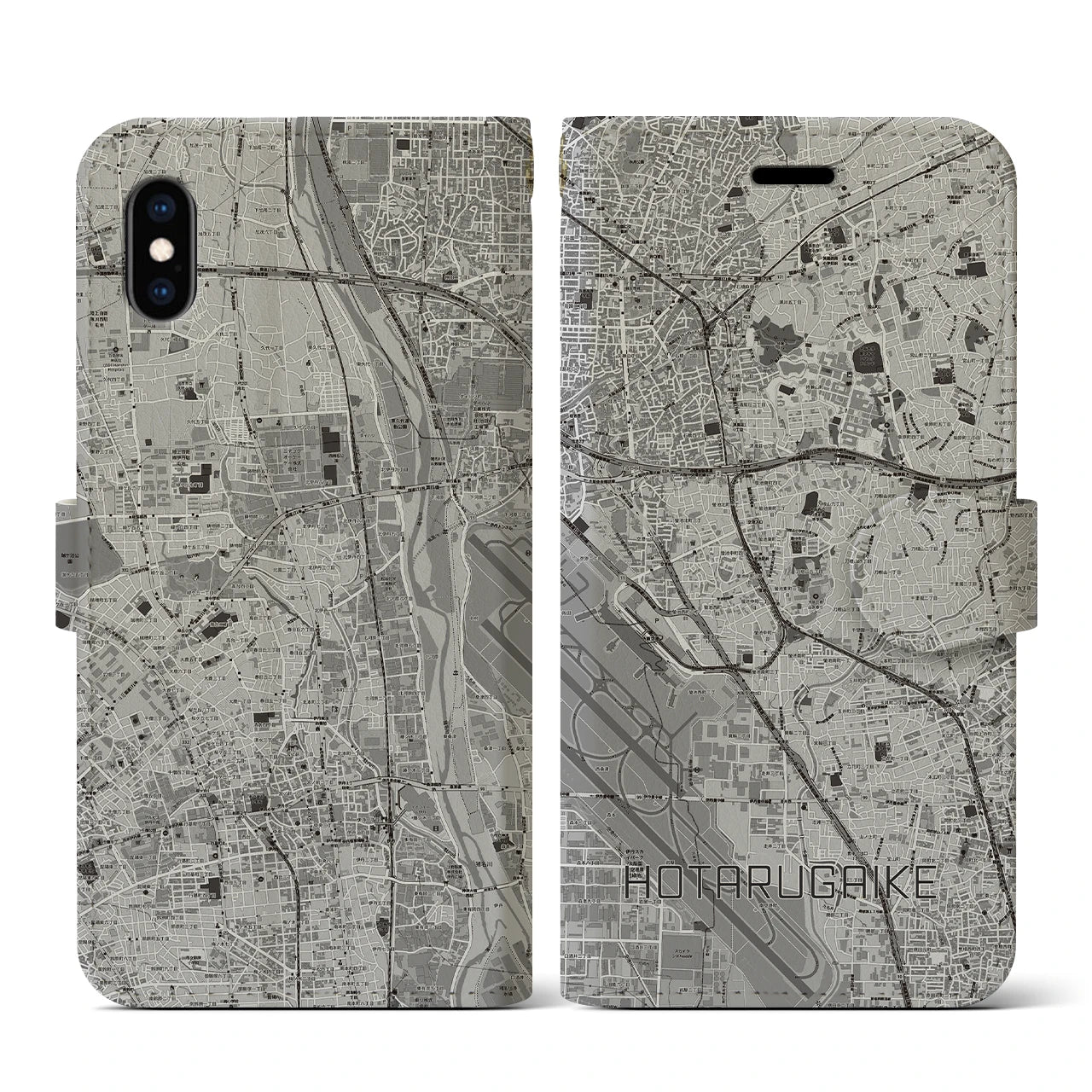 【蛍池(大阪府)】地図柄iPhoneケース(手帳タイプ)モノトーン・iPhone XS / X 用