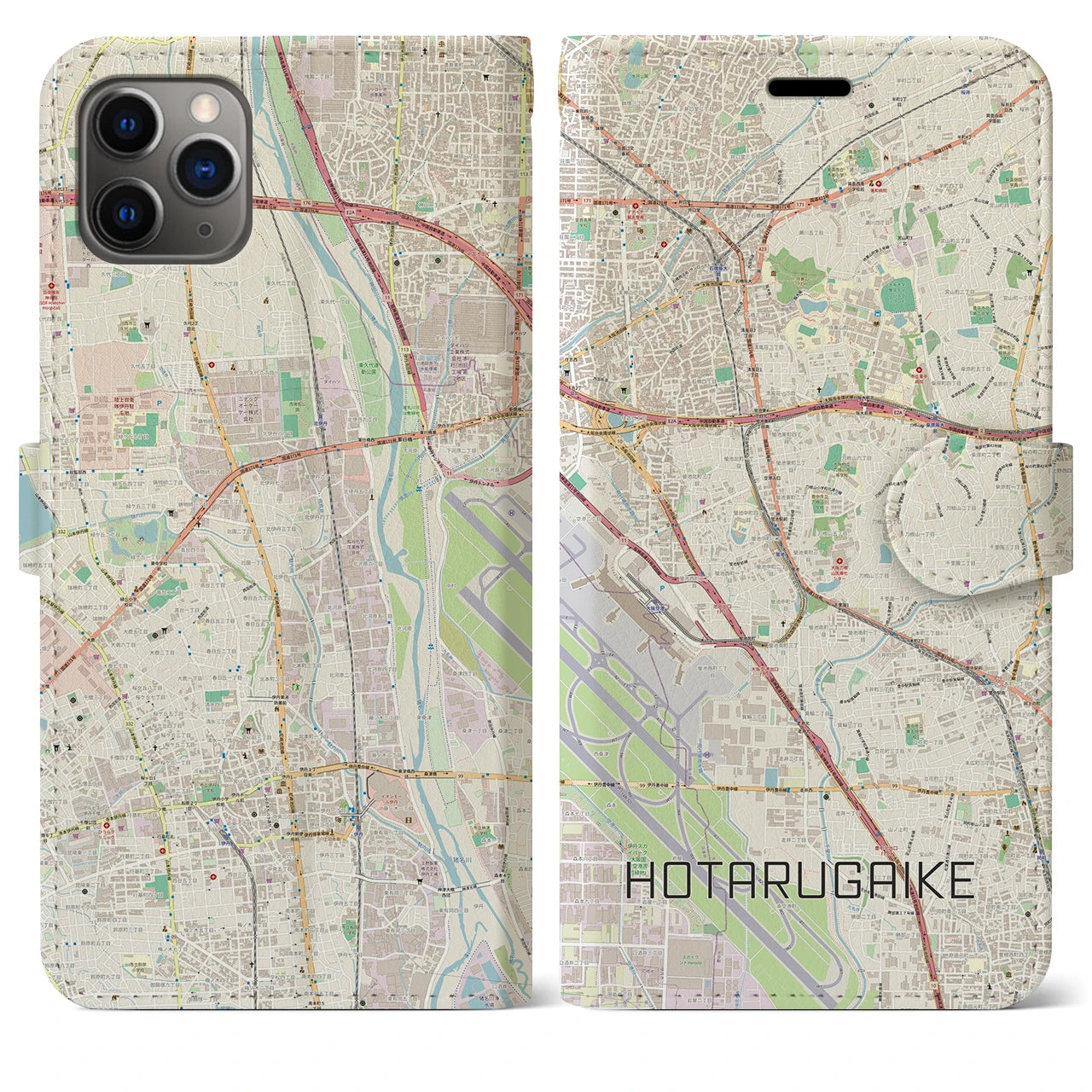 【蛍池(大阪府)】地図柄iPhoneケース(手帳タイプ)ナチュラル・iPhone 11 Pro Max 用