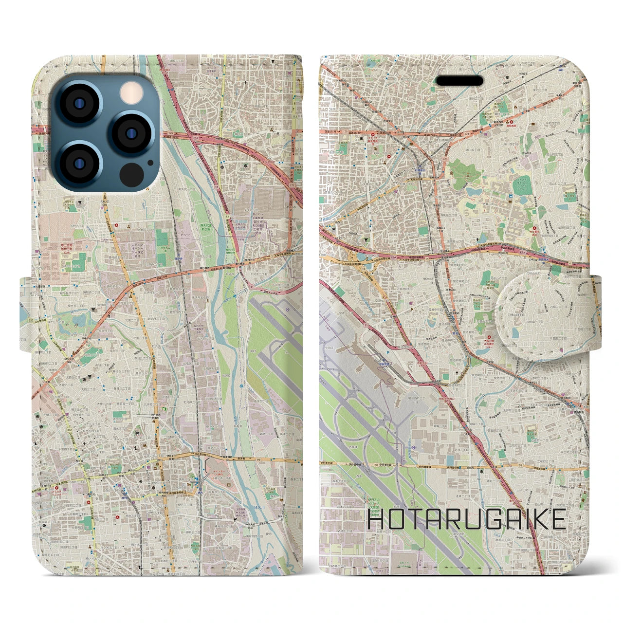【蛍池(大阪府)】地図柄iPhoneケース(手帳タイプ)ナチュラル・iPhone 12 / 12 Pro 用