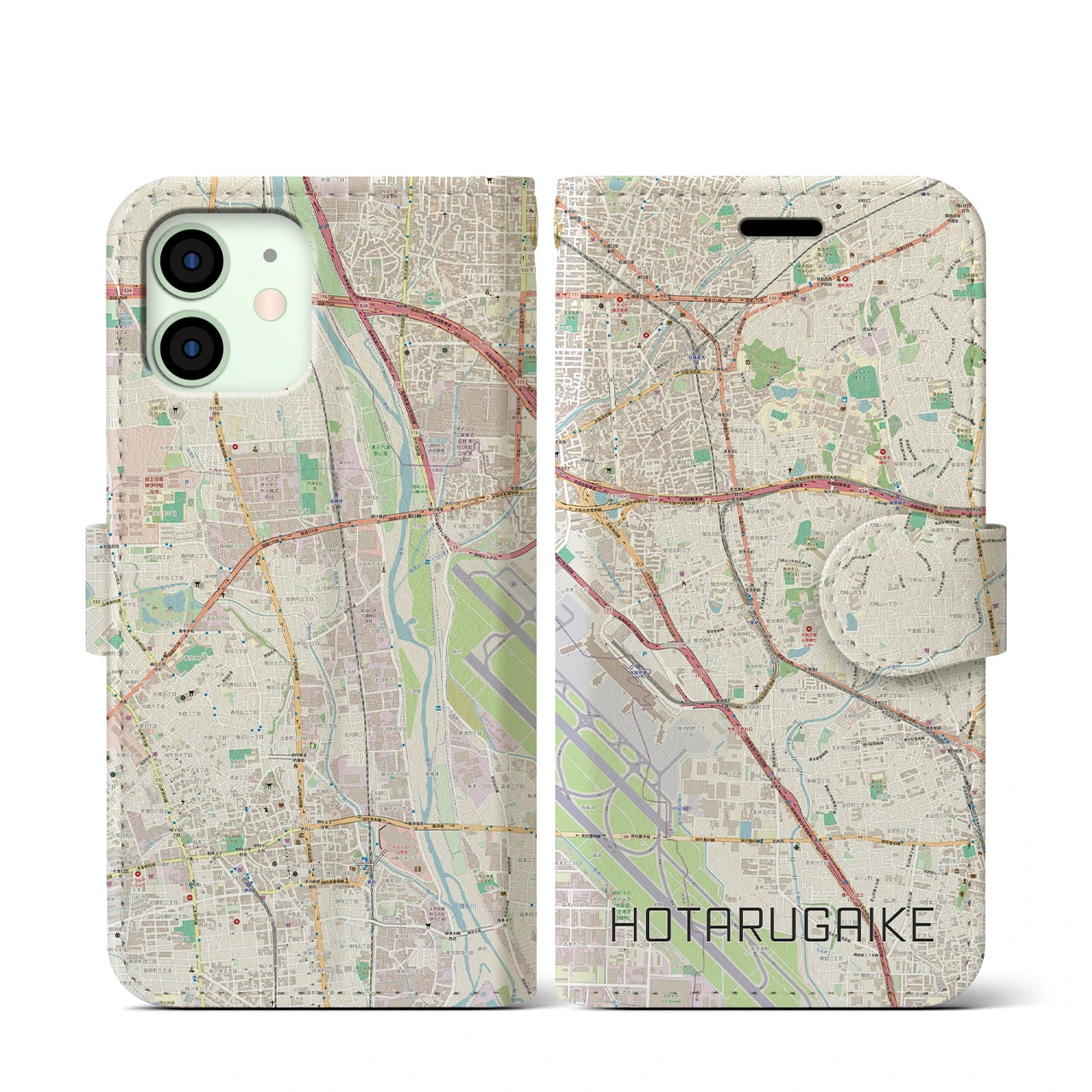【蛍池(大阪府)】地図柄iPhoneケース(手帳タイプ)ナチュラル・iPhone 12 mini 用