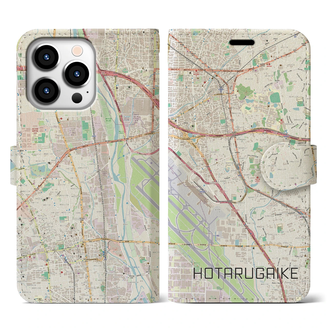 【蛍池(大阪府)】地図柄iPhoneケース(手帳タイプ)ナチュラル・iPhone 13 Pro 用