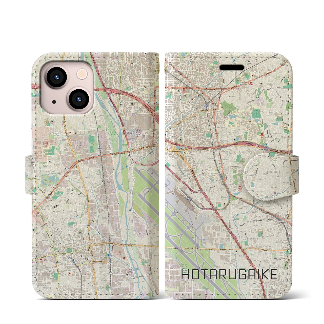 【蛍池(大阪府)】地図柄iPhoneケース(手帳タイプ)ナチュラル・iPhone 13 mini 用