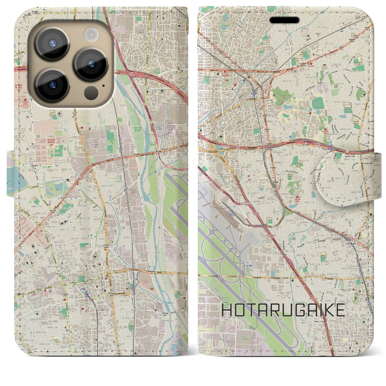 【蛍池(大阪府)】地図柄iPhoneケース(手帳タイプ)ナチュラル・iPhone 14 Pro Max 用