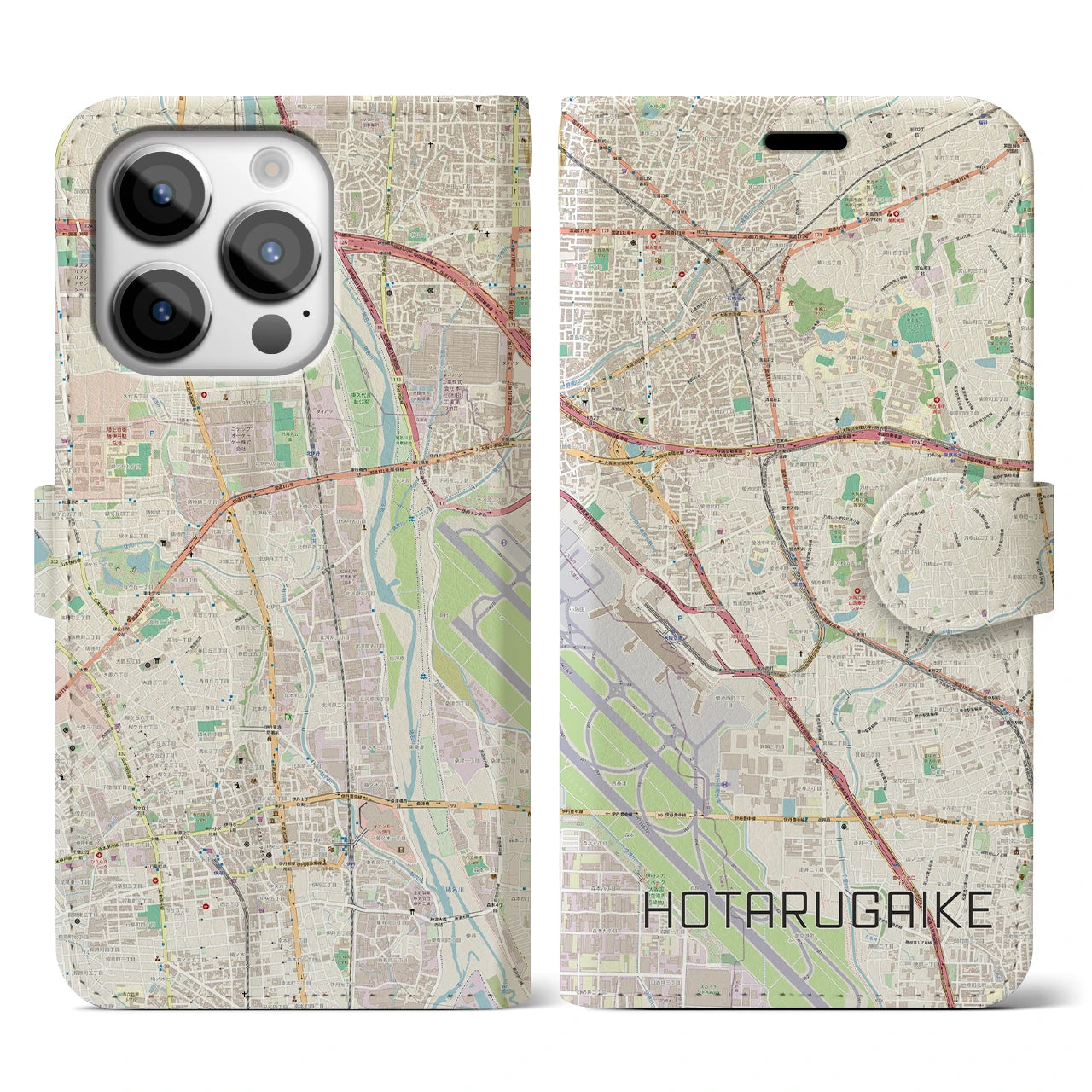 【蛍池(大阪府)】地図柄iPhoneケース(手帳タイプ)ナチュラル・iPhone 14 Pro 用