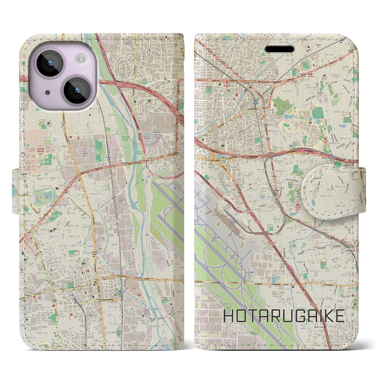 【蛍池(大阪府)】地図柄iPhoneケース(手帳タイプ)ナチュラル・iPhone 14 用