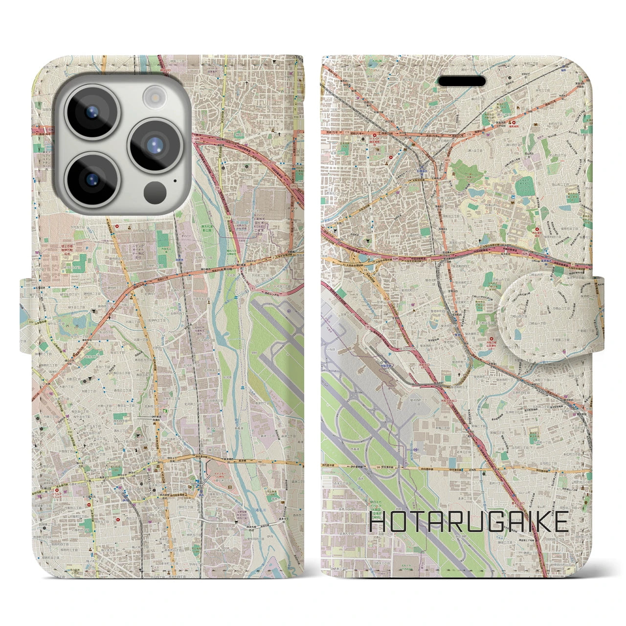 【蛍池(大阪府)】地図柄iPhoneケース(手帳タイプ)ナチュラル・iPhone 15 Pro 用
