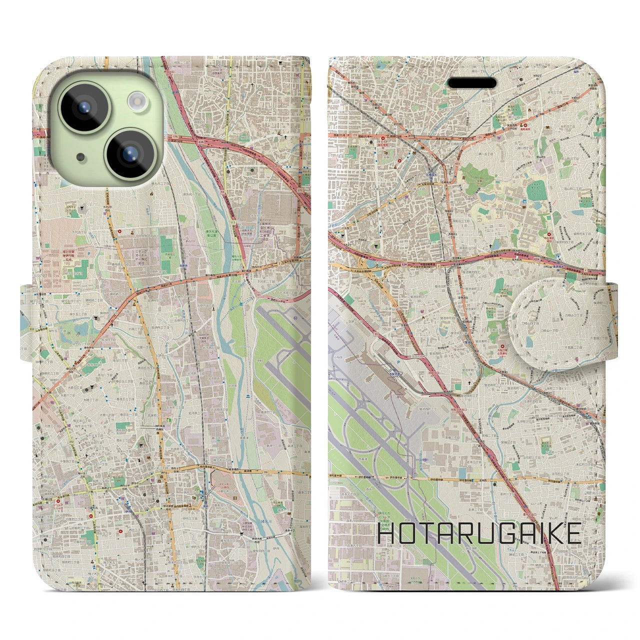 【蛍池(大阪府)】地図柄iPhoneケース(手帳タイプ)ナチュラル・iPhone 15 用