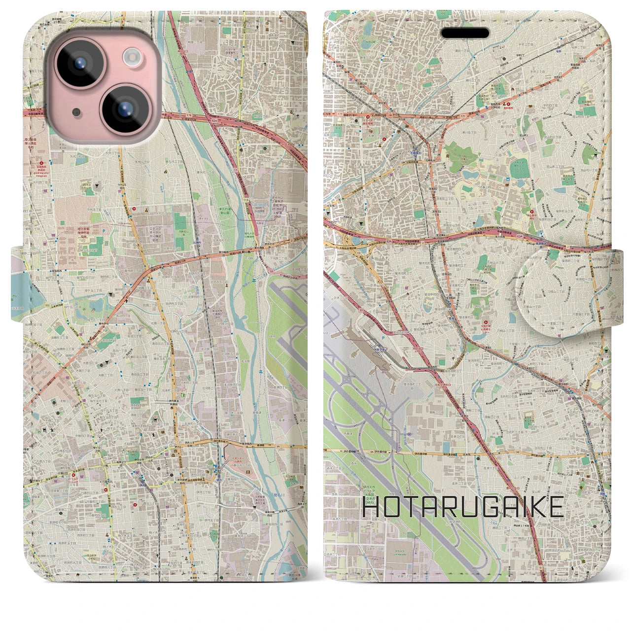 【蛍池(大阪府)】地図柄iPhoneケース(手帳タイプ)ナチュラル・iPhone 15 Plus 用