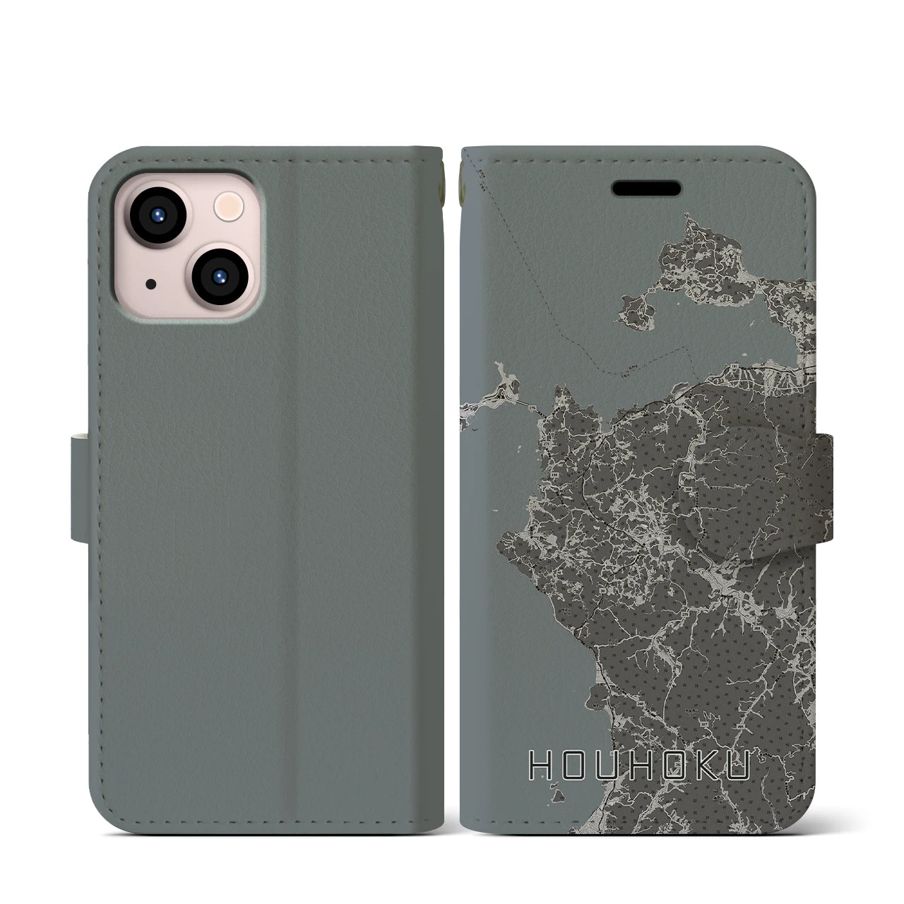 【豊北(山口県)】地図柄iPhoneケース(手帳タイプ)モノトーン・iPhone 13 mini 用