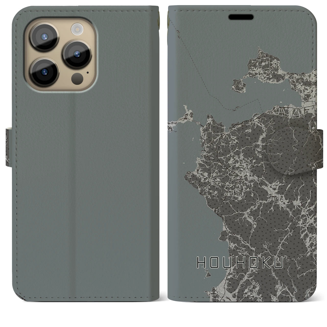 【豊北(山口県)】地図柄iPhoneケース(手帳タイプ)モノトーン・iPhone 14 Pro Max 用