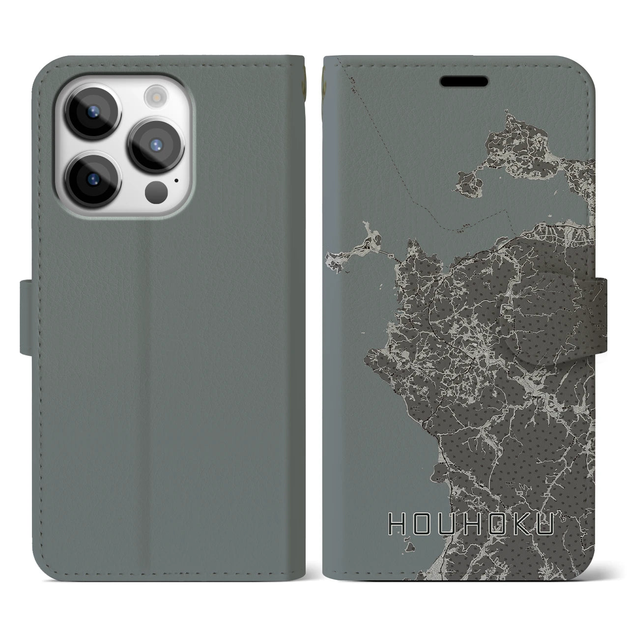 【豊北(山口県)】地図柄iPhoneケース(手帳タイプ)モノトーン・iPhone 14 Pro 用