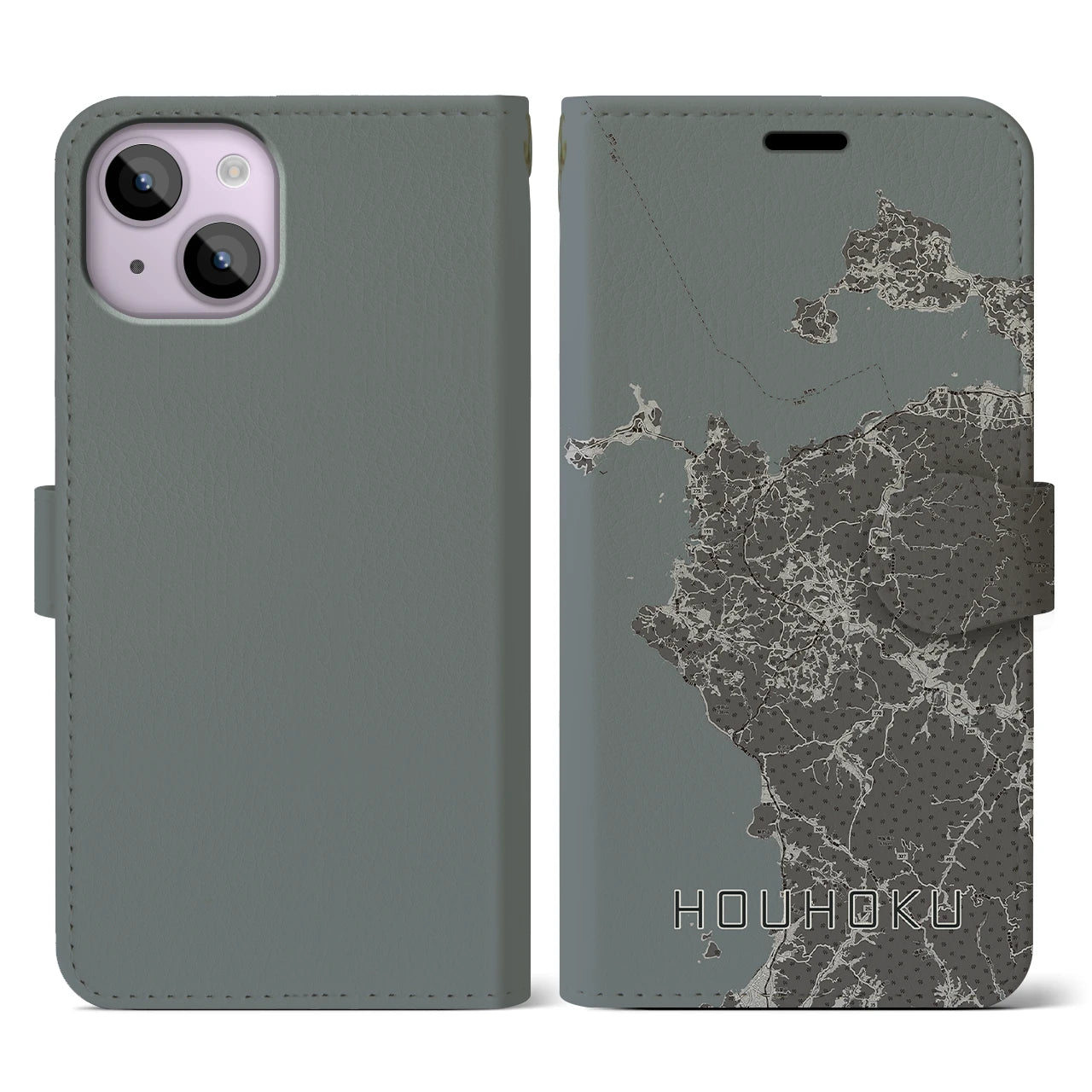 【豊北(山口県)】地図柄iPhoneケース(手帳タイプ)モノトーン・iPhone 14 用