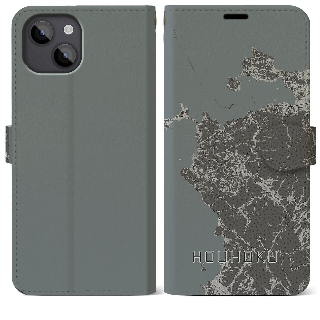 【豊北(山口県)】地図柄iPhoneケース(手帳タイプ)モノトーン・iPhone 14 Plus 用