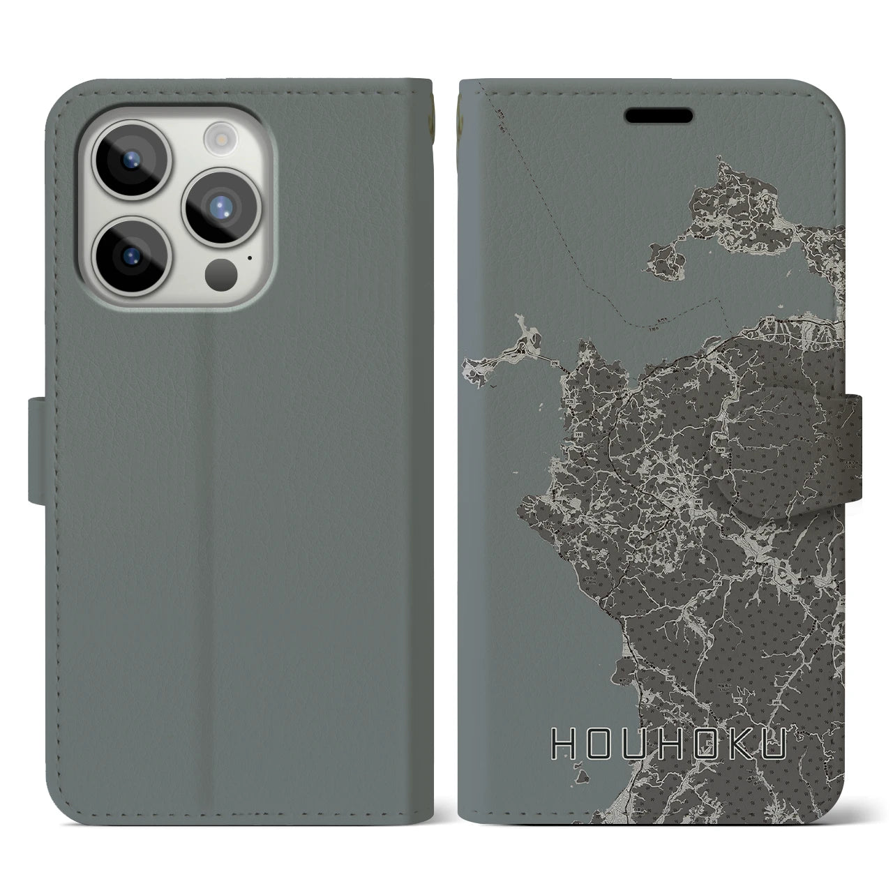 【豊北(山口県)】地図柄iPhoneケース(手帳タイプ)モノトーン・iPhone 15 Pro 用