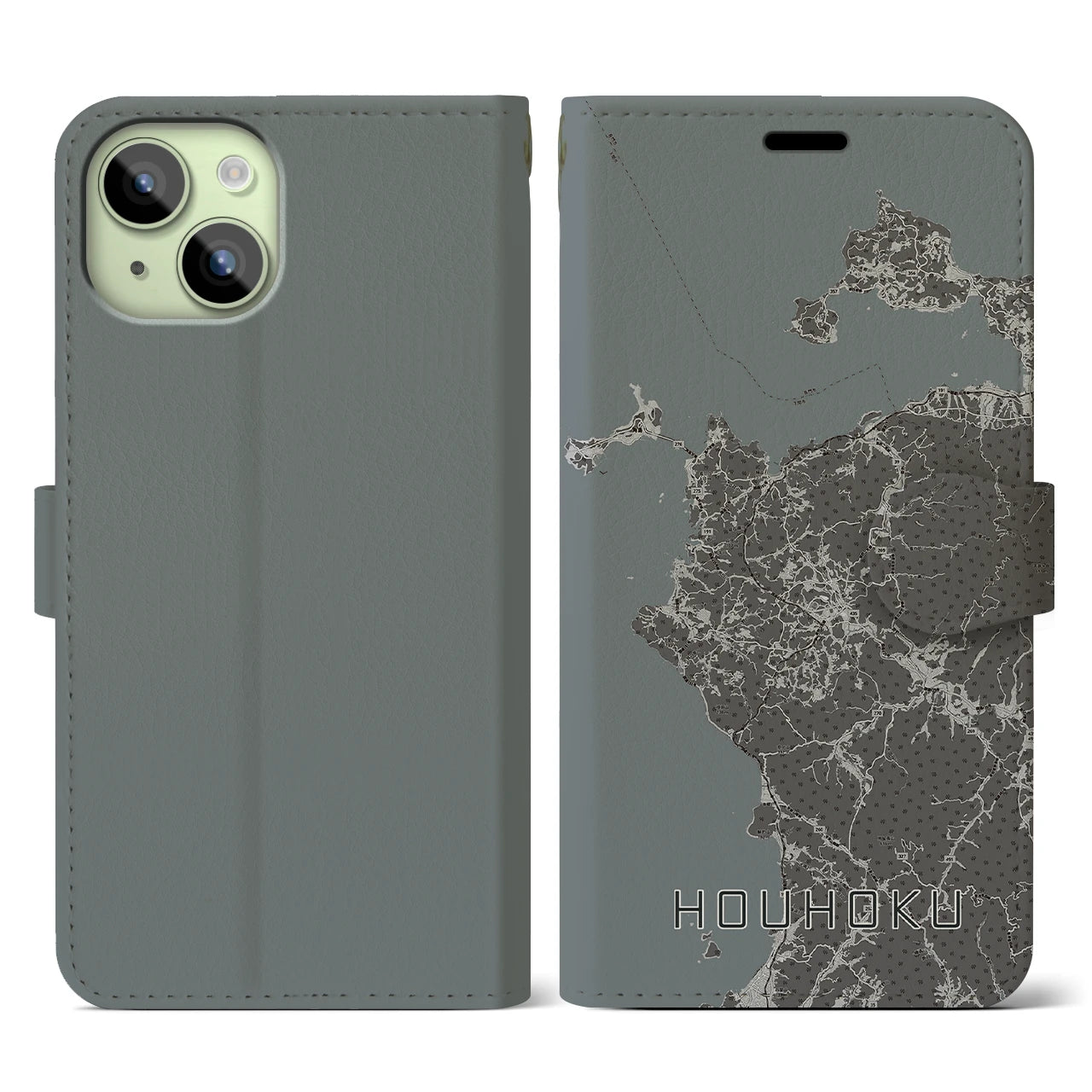 【豊北(山口県)】地図柄iPhoneケース(手帳タイプ)モノトーン・iPhone 15 用