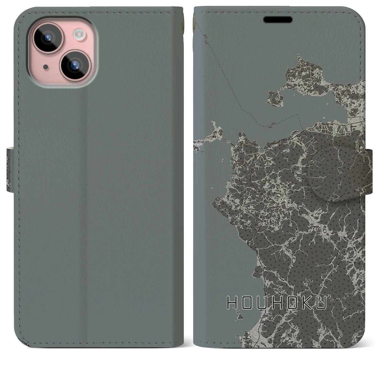 【豊北(山口県)】地図柄iPhoneケース(手帳タイプ)モノトーン・iPhone 15 Plus 用