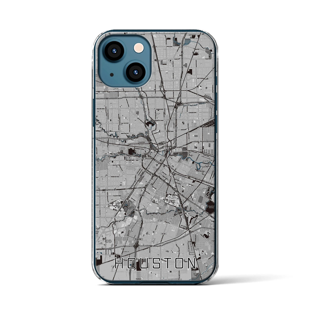 【ヒューストン(アメリカ)】地図柄iPhoneケース(クリアタイプ)モノトーン・iPhone 13 用