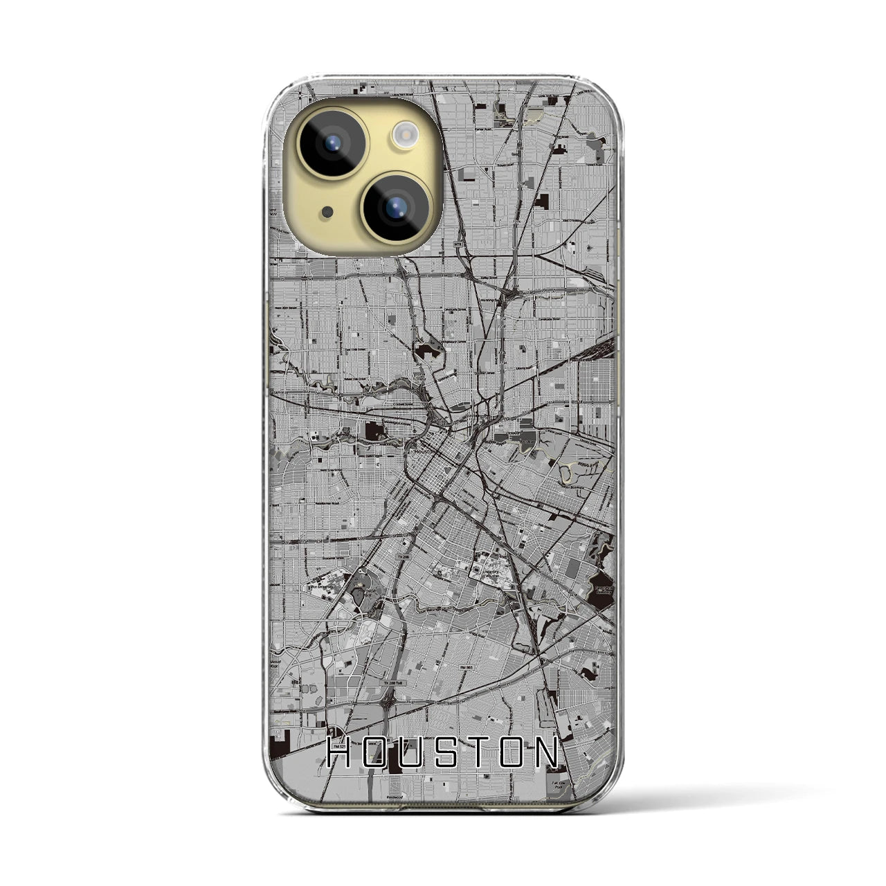 【ヒューストン(アメリカ)】地図柄iPhoneケース(クリアタイプ)モノトーン・iPhone 15 用
