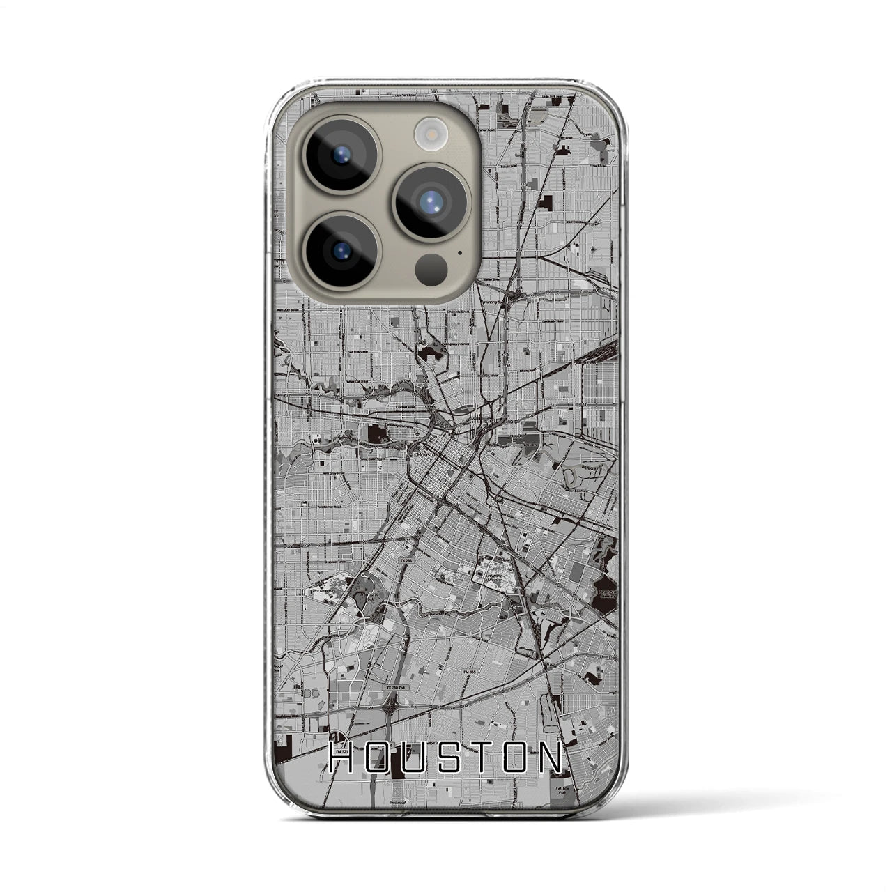 【ヒューストン(アメリカ)】地図柄iPhoneケース(クリアタイプ)モノトーン・iPhone 15 Pro 用