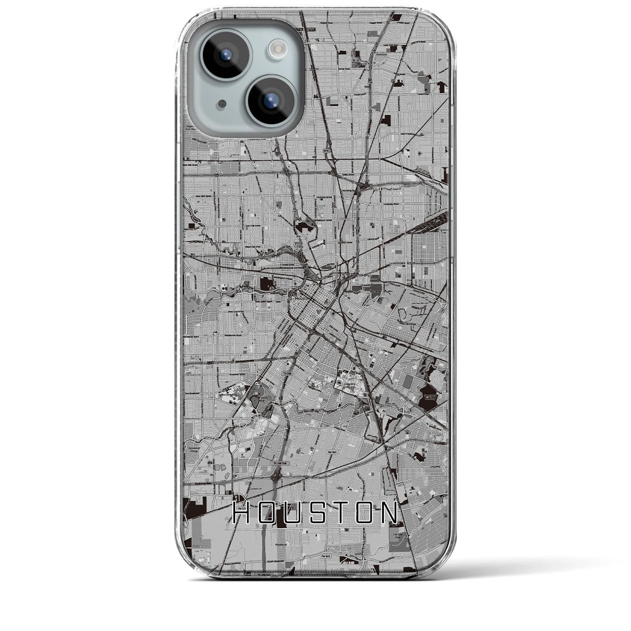 【ヒューストン(アメリカ)】地図柄iPhoneケース(クリアタイプ)モノトーン・iPhone 15 Plus 用