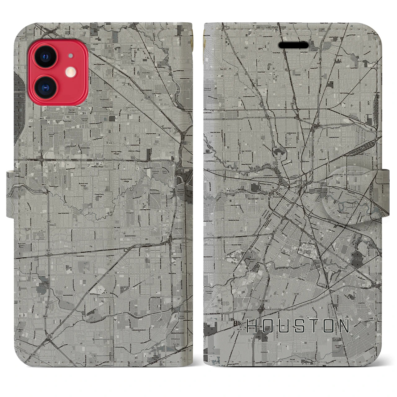 【ヒューストン(アメリカ)】地図柄iPhoneケース(手帳タイプ)モノトーン・iPhone 11 用
