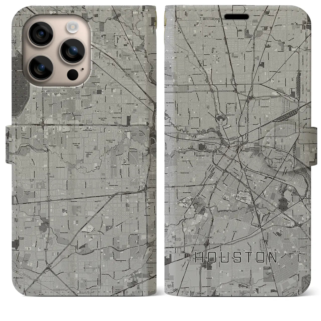 【ヒューストン(アメリカ)】地図柄iPhoneケース(手帳タイプ)モノトーン・iPhone 16 Plus 用