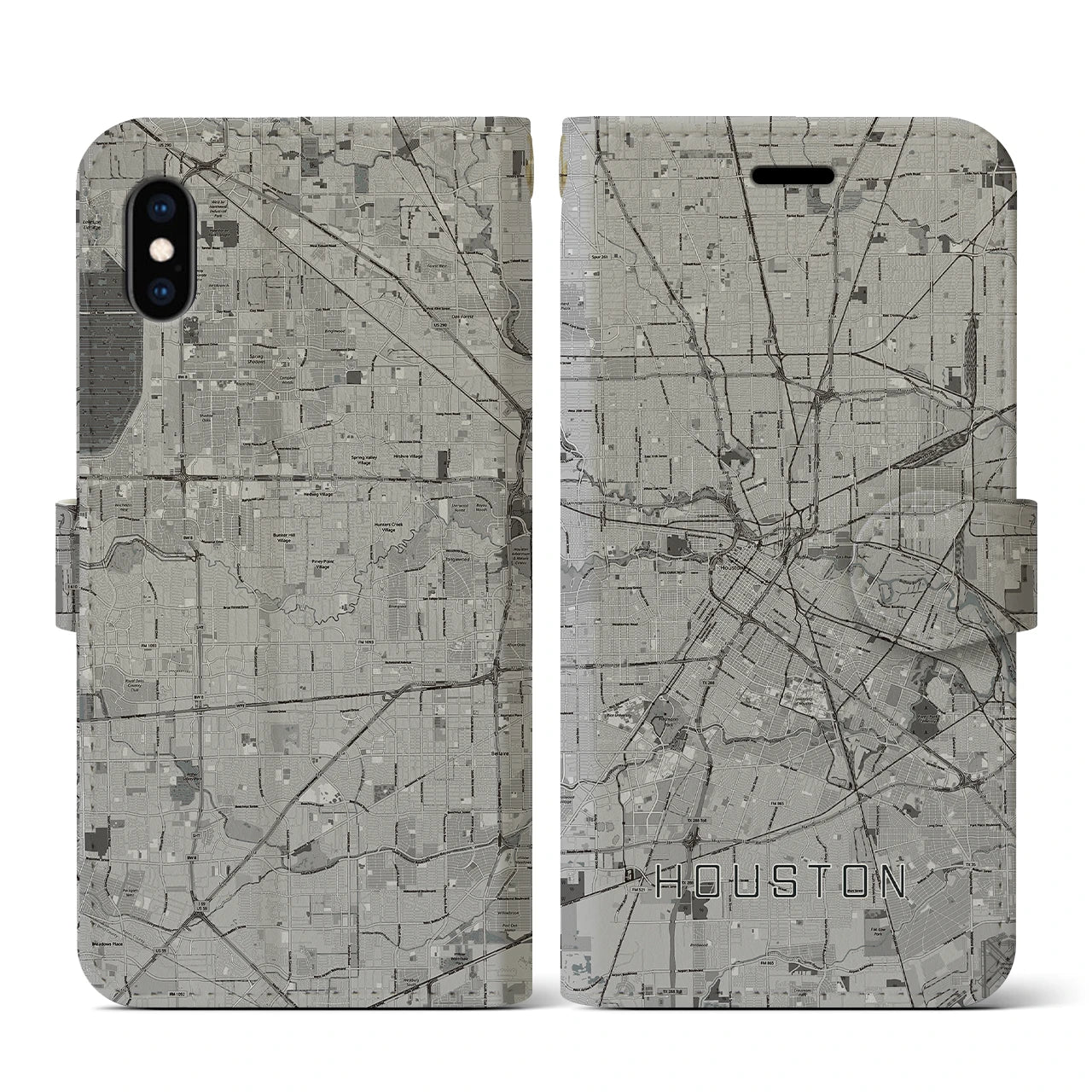 【ヒューストン(アメリカ)】地図柄iPhoneケース(手帳タイプ)モノトーン・iPhone XS / X 用
