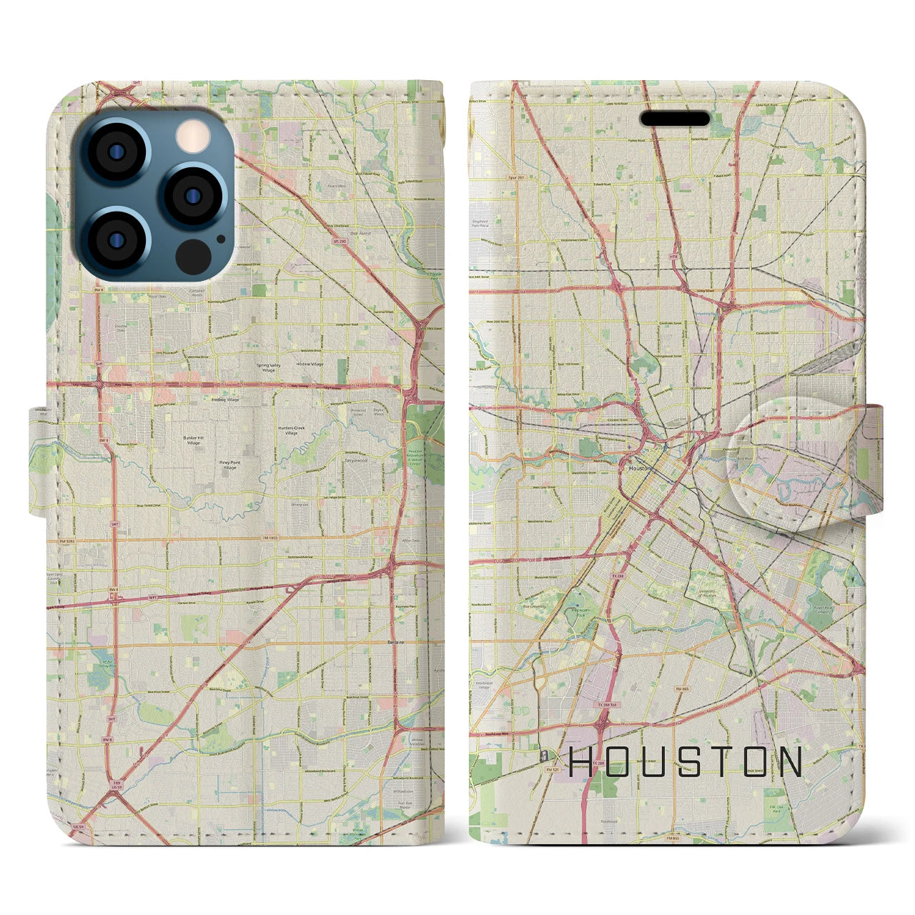 【ヒューストン(アメリカ)】地図柄iPhoneケース(手帳タイプ)ナチュラル・iPhone 12 / 12 Pro 用