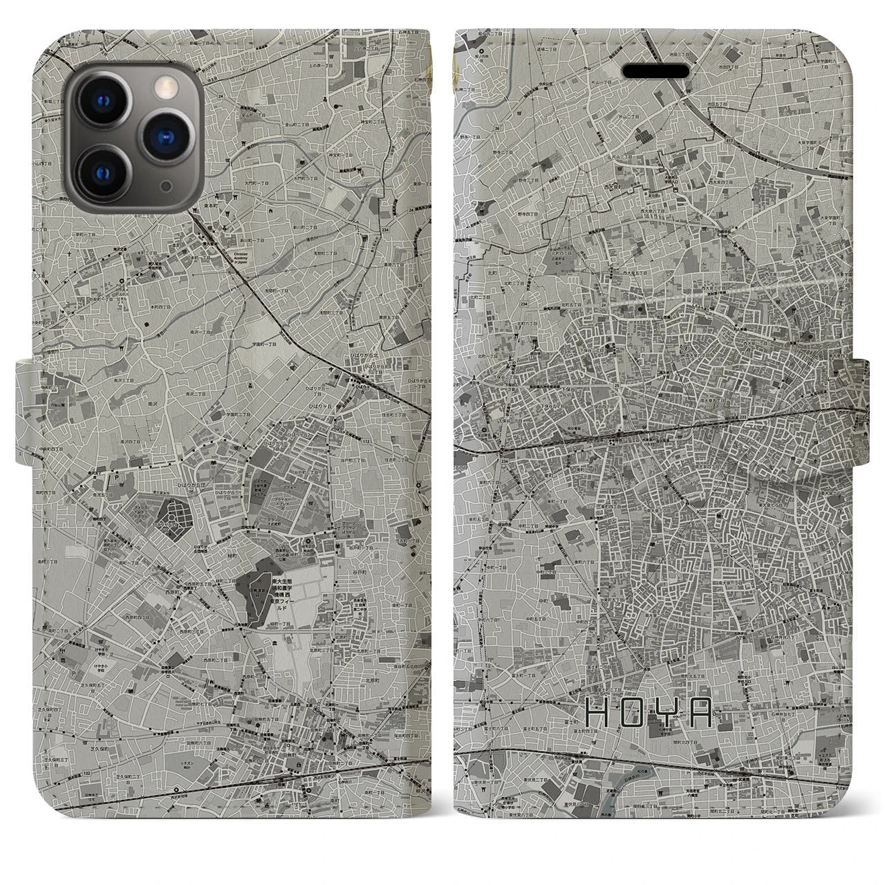 【保谷(東京都)】地図柄iPhoneケース(手帳タイプ)モノトーン・iPhone 11 Pro Max 用